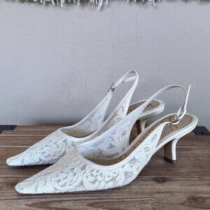 Sam Edelman Bianka Ivory Lace Pointy Toe Slingback Kitten Heel Pumps Size 6.5